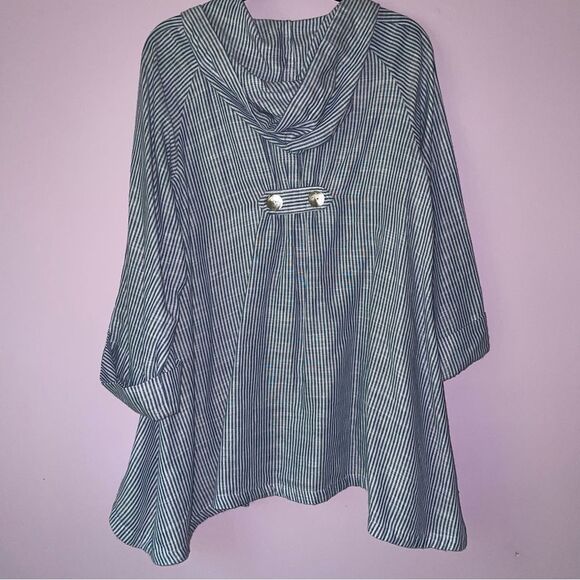 Sigrid Olsen Size L Linen Hooded Jacket Blue White Stripe Coastal Lagenlook - Picture 6 of 8